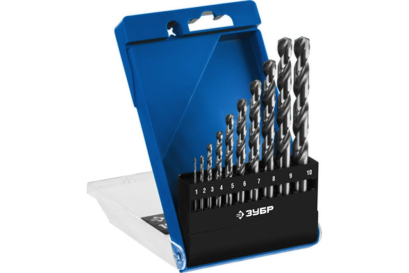 Набор сверл по металлу Зубр Проф-А Профессионал 29625-Н10, 1,0-10,0 мм, Р6М5, класс А, цилиндрический хвостовик, бокс, 19 штук