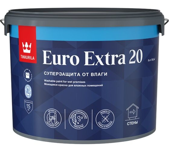 Краска моющаяся Euro Extra 20 Tikkurila для влажных помещений, полуматовая, база А, 9 л, RAL 7038
