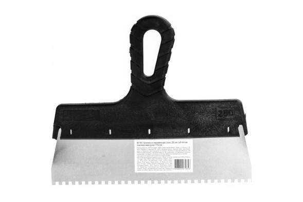 Шпатель зубчатый из нержавеющей стали Sparta 85156 с пластиковой ручкой, 250 мм, зуб 4х4
