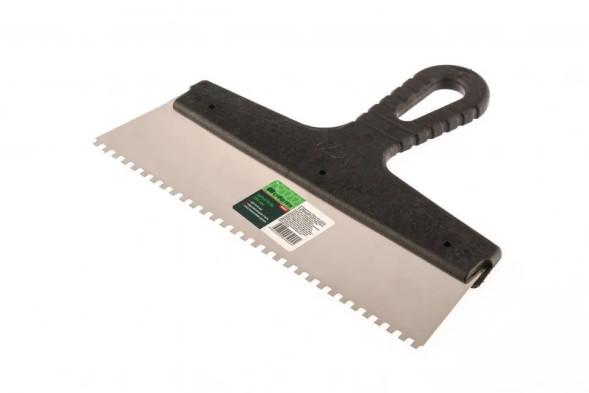 Шпатель зубчатый из нержавеющей стали Сибртех 85457 с пластмассовой ручкой, 250 мм, зуб 4х4