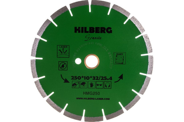 Диск отрезной алмазный сегментный Hilberg Granite Laser HMG250, 250х2,4х25,4/32 мм, гранит, базальт, сухой/мокрый рез