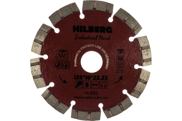 Диск отрезной алмазный турбо-сегмент Hilberg Industrial Hard HI802, 125х2,2х22 мм, армированный бетон, бетон, камень, сухой/мокрый рез