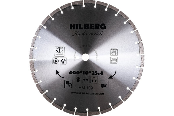Диск отрезной алмазный сегментный Hilberg Hard Materials Laser HM109, 400х3,5х25,4 мм, армированный бетон, камень, сухой/мокрый рез