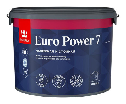 Краска моющаяся Euro Power 7 Tikkurila для стен и потолка, матовая, база А, 9 л, RAL 9003