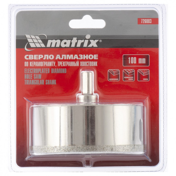 Сверло алмазное по керамике и стеклу Matrix 726883, 100x67 мм, центрирующее сверло, трехгранный хвостовик