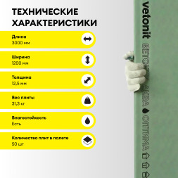 ГСП влагостойкая Vetonit Аква Оптима, 3000 х 1200 х 12,5 мм