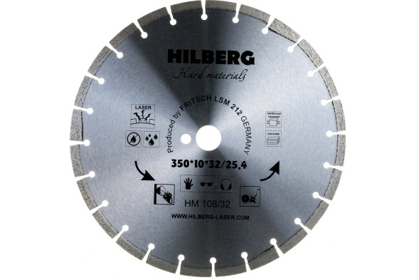 Диск отрезной алмазный сегментный Hilberg Hard Materials Laser HM108/32, 350х3,2х25,4/32,0 мм, армированный бетон, гранит, сухой/мокрый рез