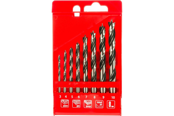 Набор сверл спиральных по дереву Matrix 70282, 3-4-5-6-8-9-10 мм, 6 штук, цилиндрический хвостовик, пластиковый кейс