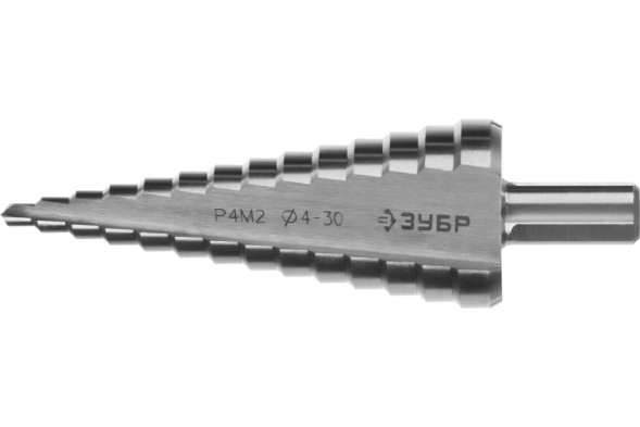 Сверло по металлу ступенчатое Зубр 29665-4-30-14, 4-30 мм, 14 ступеней, трехгранный хвостовик, Р4М2