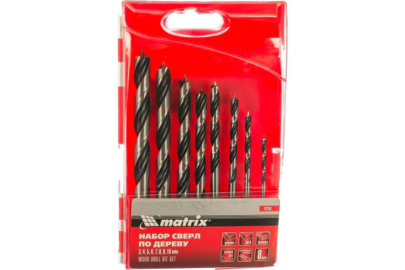 Набор сверл спиральных по дереву Matrix 70285, 3-4-5-6-7-8-9-10 мм, 8 штук, шестигранный хвостовик, пластиковый кейс