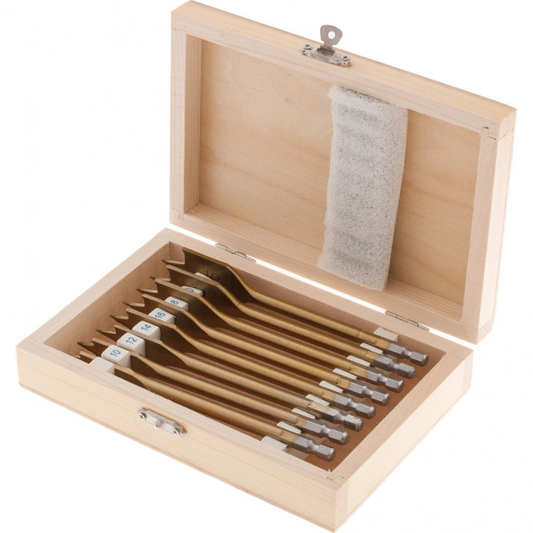 Набор сверл перовых по дереву Matrix 70441, 14-16-18-20-22-25 мм, 8 штук, шестигранный хвостовик, деревянный кейс