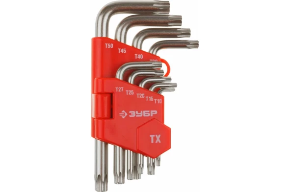 Ключи имбусовые Зубр 27462-1, Т10-Т50, TORX, CrV, 9 шт., сатинированные, короткие