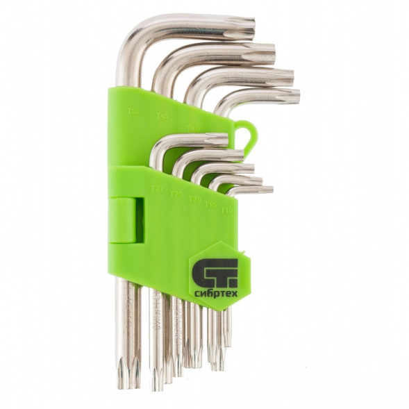 Набор ключей имбусовых TORX Сибртех Tamper-Torx 12321, ТТ10-ТТ50, 9 шт, 45Х, закаленные, короткие, никель