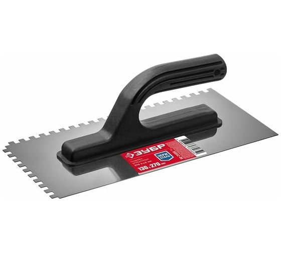 Гладилка зубчатая из нержавеющей стали Зубр 08042-08 с пластмассовой ручкой, 130х270 мм, зуб 8х8 мм