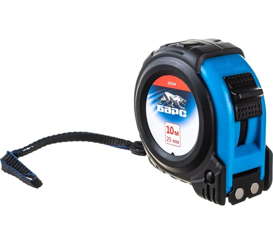 Рулетка Барс Вектор 32544, 10 м х 25 мм, обрезиненный корпус, зацеп с магнитом, утолщенное полотно