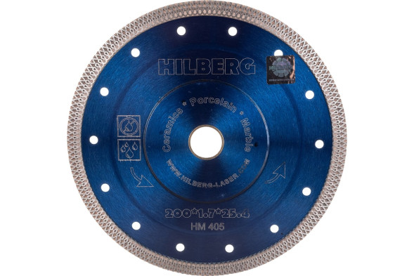 Диск отрезной алмазный турбо Hilberg Hard Materials X-type HM405, 200х1,7х22/25,4 мм, ультратонкий, керамика, мрамор, сухой/мокрый рез