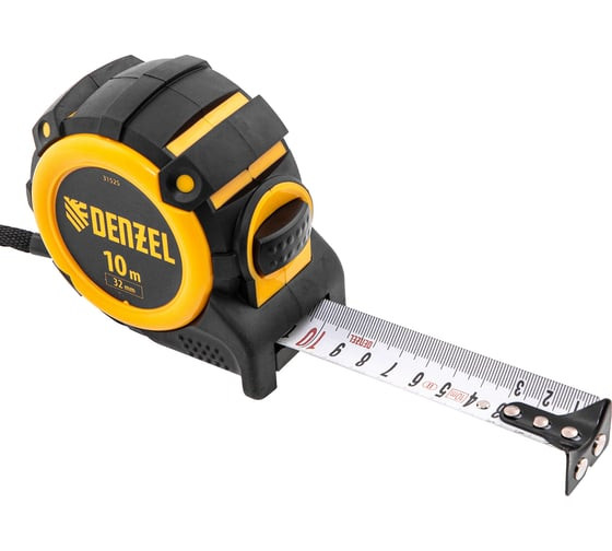 Рулетка Denzel 31525, 10 м х 32 мм, двухкомпонентный корпус, зацеп с магнитом, автоматическая фиксация
