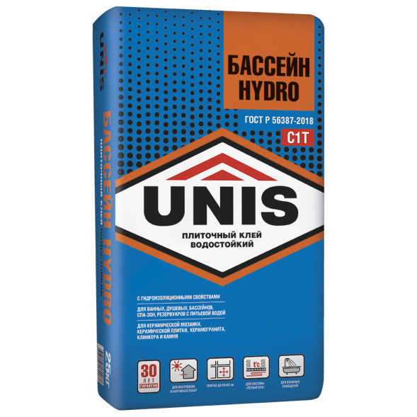 Клей плиточный Unis Бассейн Hydro влагостойкий, 25 кг