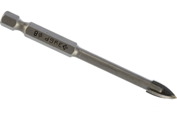 Сверло по керамике и стеклу Зубр Профессионал 29845-08_z01, D8 мм, крестовая пластина ВК6X, шестигранный хвостовик