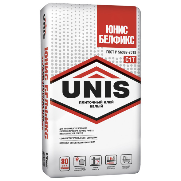 Клей плиточный Unis Белфикс белый, для стеклянной, мозаичной плитки и мрамора, 25 кг