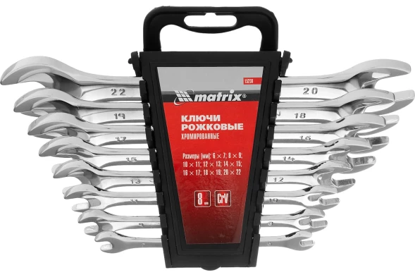 Набор ключей рожковых Matrix 15238, 6 - 22 мм, 8 шт, зерк.хромирование, CrV, Elliptical