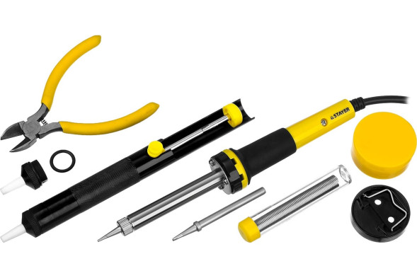 Набор Stayer 55314-60-H8: паяльник 60Вт + аксессуары, жало-конус, двухкомпонентная рукоятка, 8 предметов