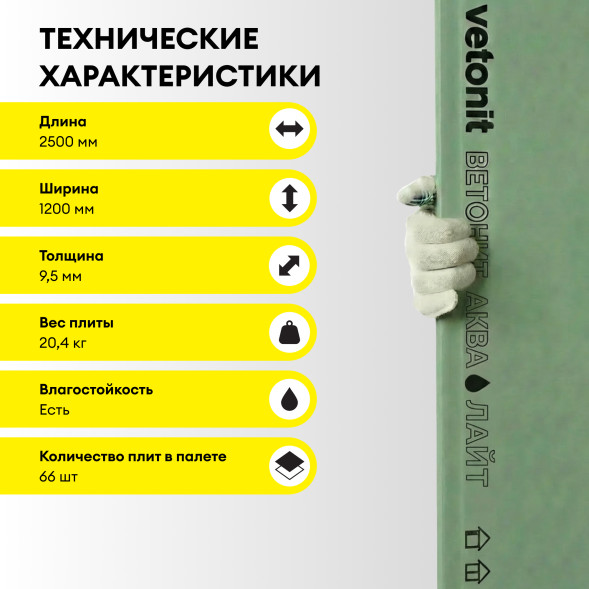 Гипсокартонный строительный лист Vetonit Аква Лайт, 2500х1200х9,5 мм