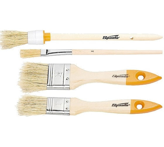 Набор кистей Sparta 841135, натуральная щетина, деревянная ручка, упаковка 4 шт (плоская кисть 3/4-1&amp;quot;, круглые №1, №2)