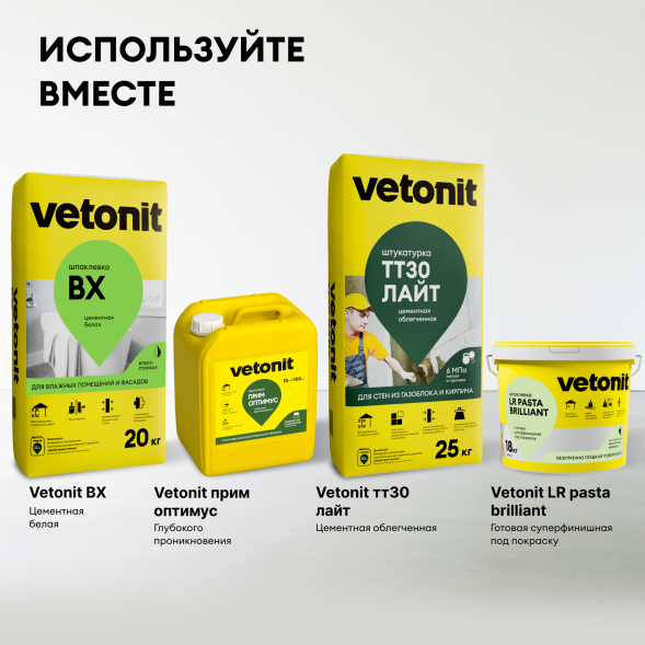 Цементная шпаклевка влагостойская Vetonit ВХ, белый 20 кг