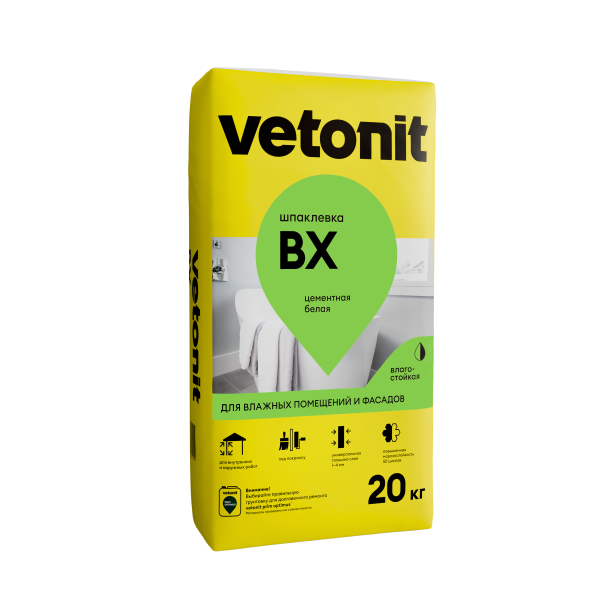 Цементная шпаклевка влагостойская Vetonit ВХ, белый 20 кг
