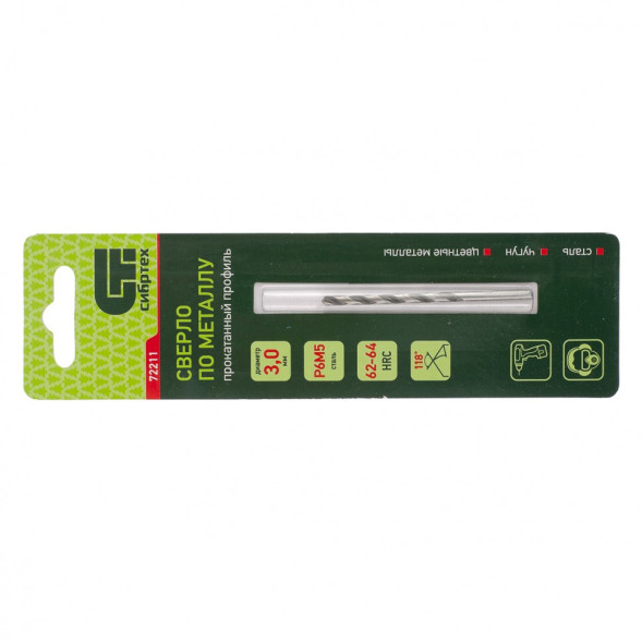 Сверло по металлу Сибртех 72211, 3,0х33х61 мм, Р6М5, цилиндрический хвостовик