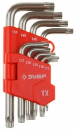 Ключи имбусовые Зубр 27462-1, Т10-Т50, TORX, CrV, 9 шт., сатинированные, короткие