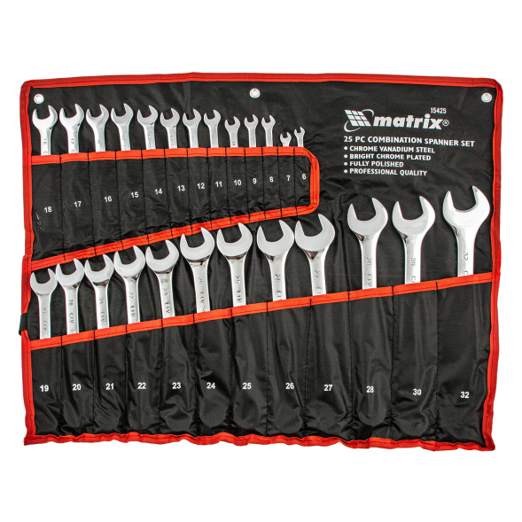 Набор ключей гаечных комбинированных Matrix 15425, 6-32 мм, 25 шт., CrV, полированный хром, в чехле