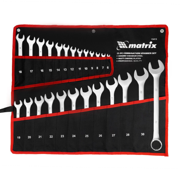 Набор ключей гаечных комбинированных Matrix 15413, 6-32 мм, 25 шт., CrV, матовый хром, в чехле