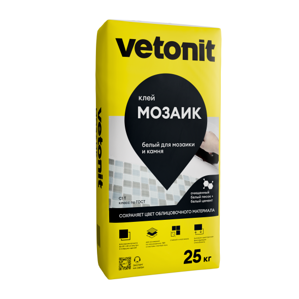 Клей Vetonit Мозаик для мозаики и камня, белый, 25 кг