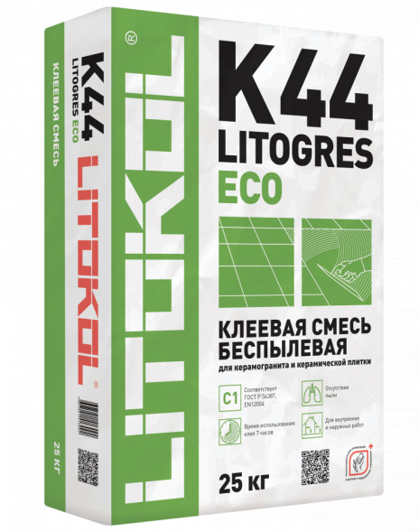 Клей беспылевой Litokol К44 ECO для плитки, цвет серый, 25 кг