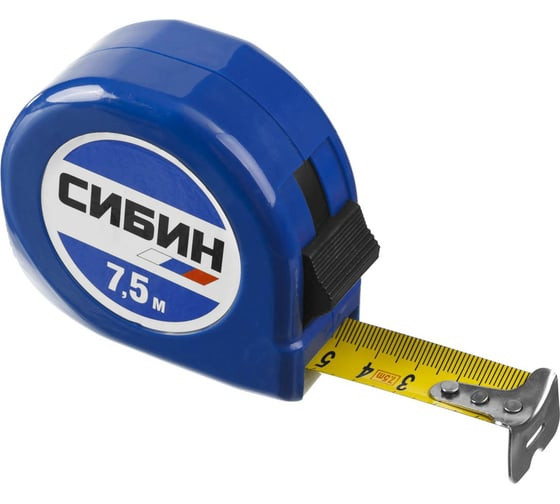 Рулетка Сибин 34020-8-25, 7,5 м х 25 мм, пластиковый корпус, ручная фиксация