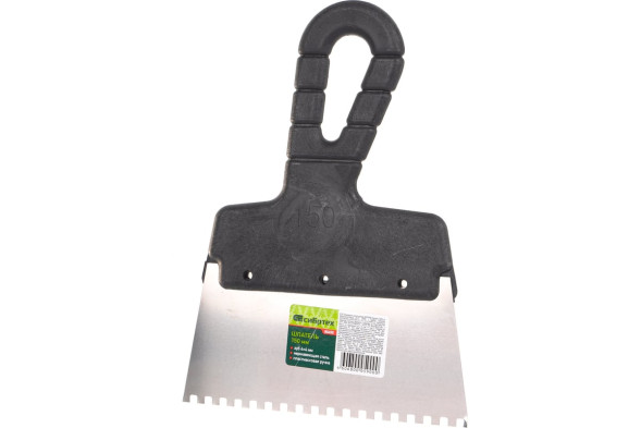 Шпатель зубчатый из нержавеющей стали Сибртех 85455 с пластиковой ручкой, 150 мм, зуб 4х4