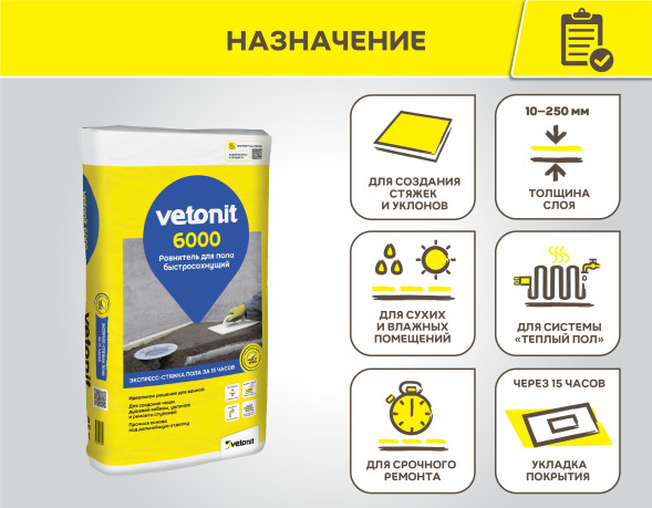 Быстросохнущий ровнитель для пола Vetonit 6000, 25 кг