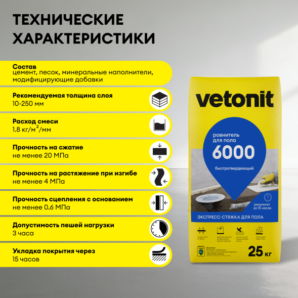 Быстросохнущий ровнитель для пола Vetonit 6000, 25 кг